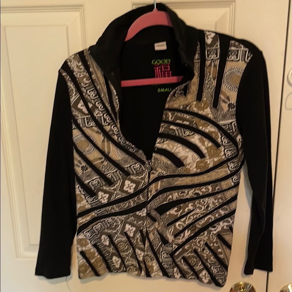 Black and Tan Patterned good fortune zip sweatshirt small